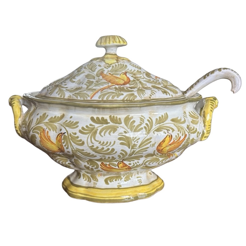 Large Ceramic Soup Tureen W/ Lid & Ladle 14” Green Yellow Birds & Floral Design
